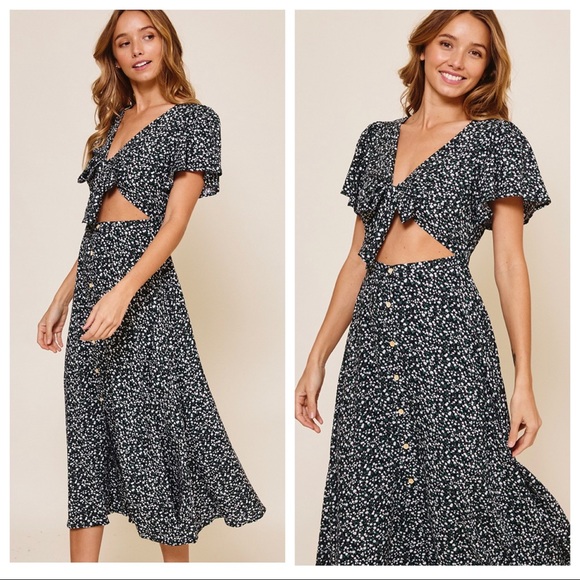 46 Alison Boho Short Sleeve Floral Midi Dress With Tie - Picture 2 of 3